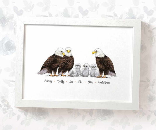 Bald eagle family portrait personalised with names displayed in an A4 white wood frame for a thoughful gift for mum