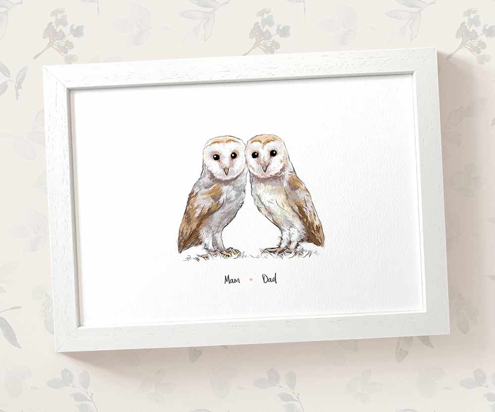 Barn owl couple print with personalised names beneath for the best husband or wife gift