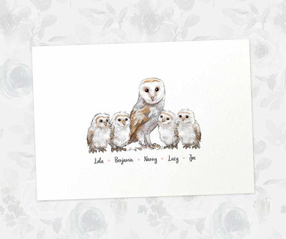Barn owl A3 family print featuring mother and 4 children with names beneath for a unique mothers day gift