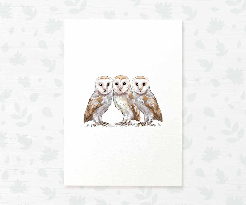 Triplet Barn Owl Woodland Nursery Art Print | Bird Children's Wall Art