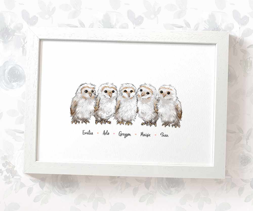 Five baby barn owls framed A3 family print with names for a unique baby shower gift