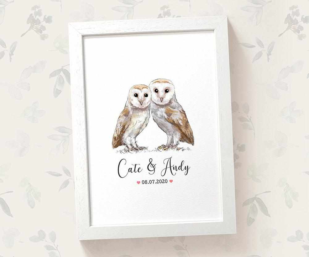 Owl Couple A4 Framed Print Personalized With Names And Date For An Exceptional First Anniversary Gift Idea