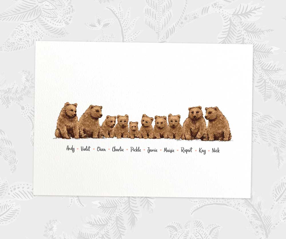 Printed A4 family of 10 bear personalised with names for a special mothers day present