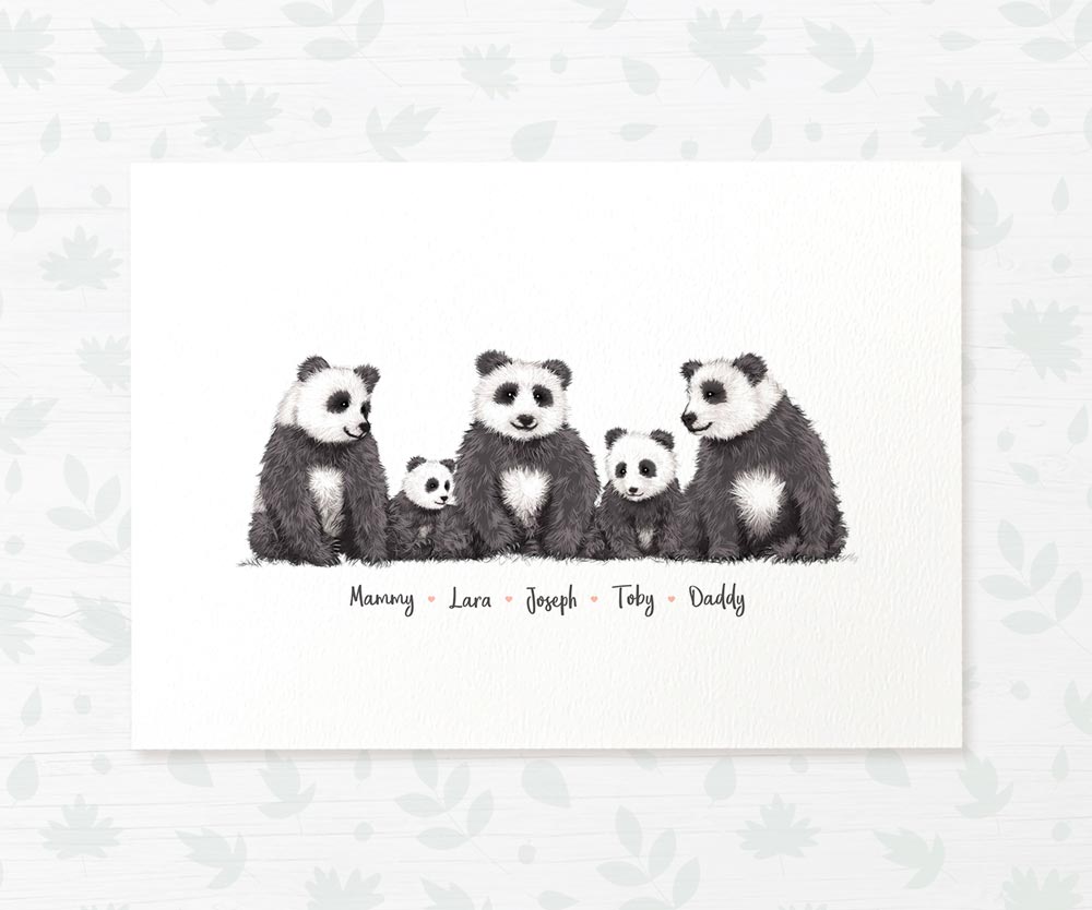 Printed A4 panda family print featuring parents and children with names for the best mothers day gift