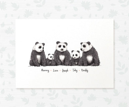 Printed A4 panda family print featuring parents and children with names for the best mothers day gift