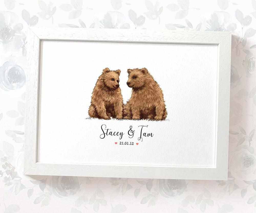 Personalized Bear Couple A4 Framed Print Featuring Names and Date For A Special First Anniversary Gift