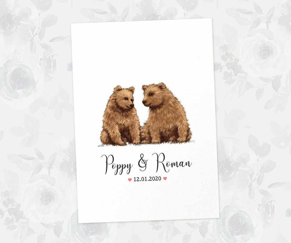 Two Bears A3 Unframed Art Print Personalized With Names And Date For A Heartwarming Valentines Day Gift