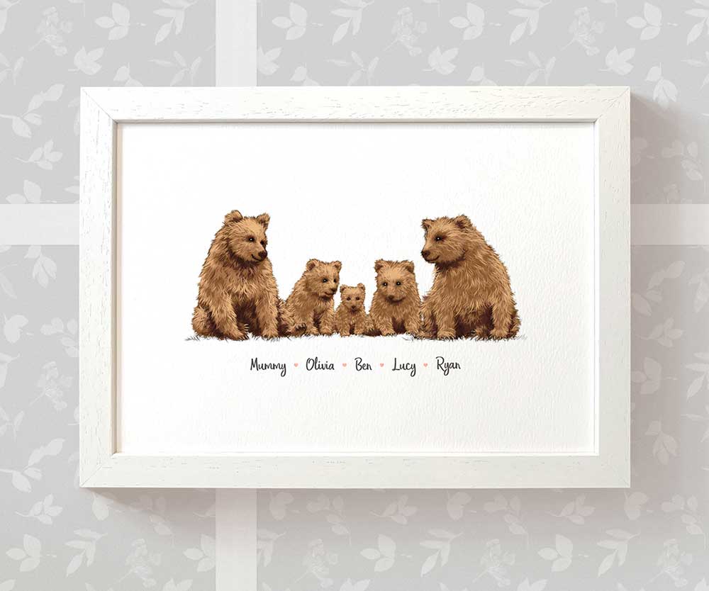 Bear A3 framed family portrait print personalised with names for the best grandparents gift