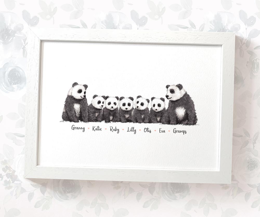 Panda family of 7 portrait personalised with names displayed in an A4 white wood frame for a thoughful gift for dad