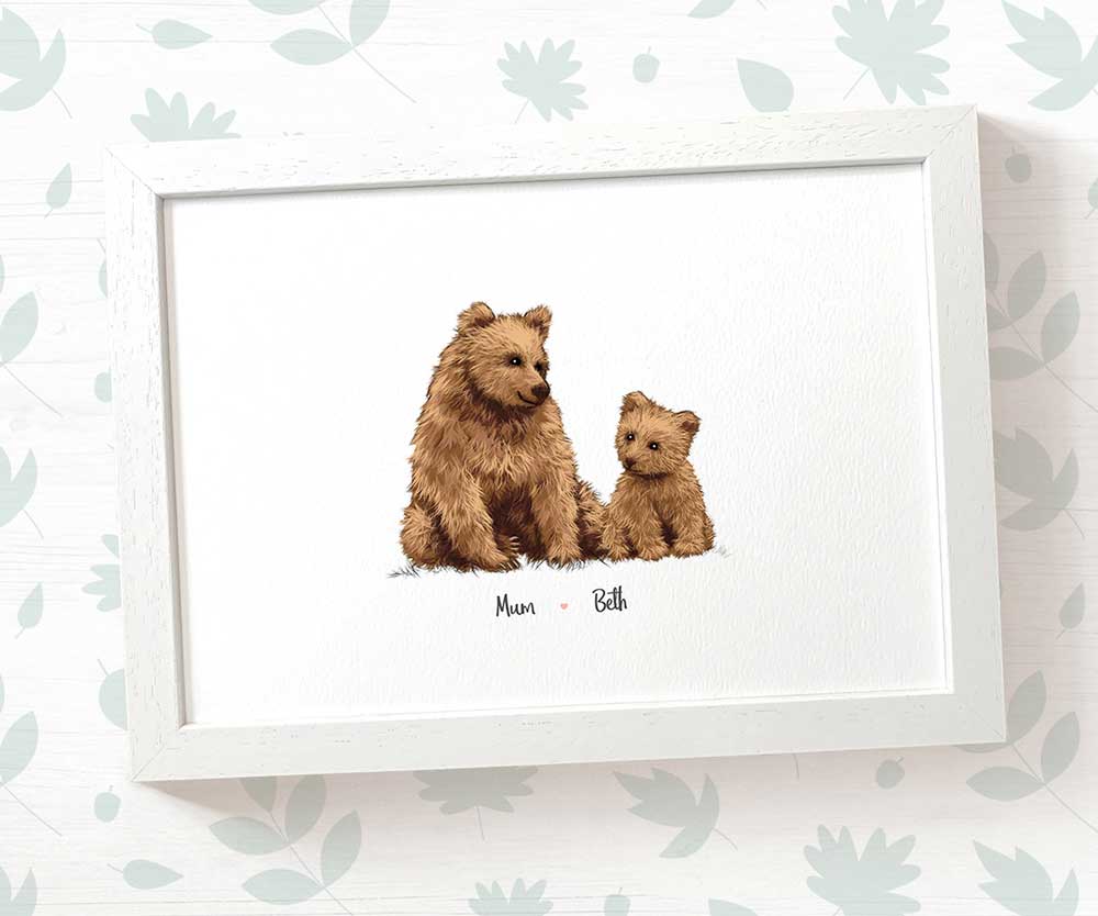 A4 framed bear family print featuring mum and baby with names for the best mothers day gift