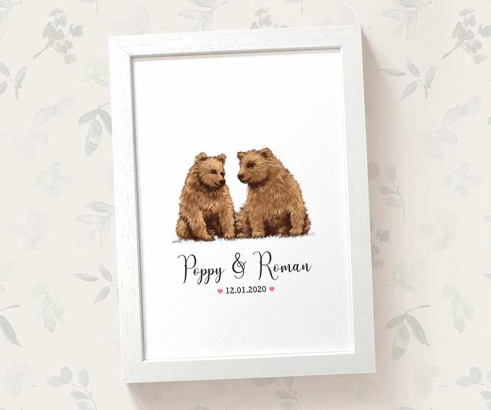 Personalized Bear Couple A4 Framed Print Featuring Newlywed Names And Date For A Unique Wedding Gift