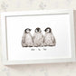 Three baby penguins framed A3 family print with names for a unique baby shower gift