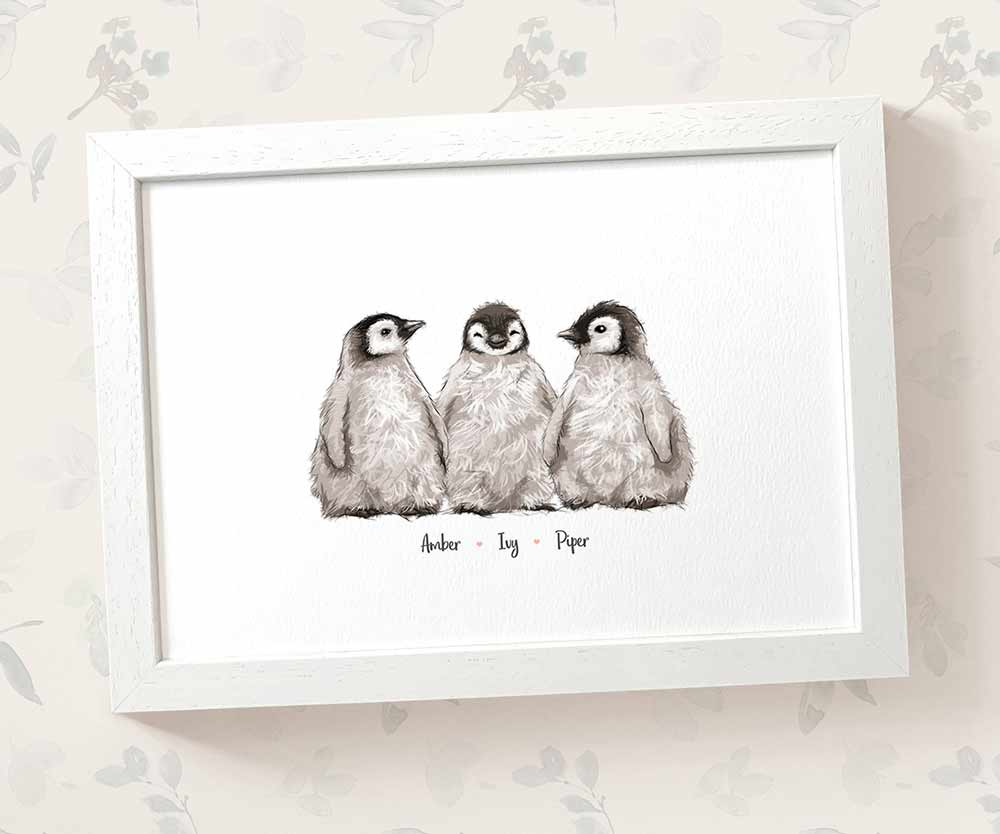 Three baby penguins framed A3 family print with names for a unique baby shower gift