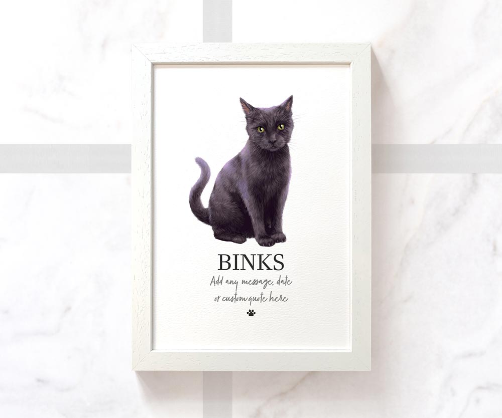 Black Cat Kitten Pet Portrait Memorial Loss Birthday Christmas Gift Name Sign Personalised Poster Framed Print