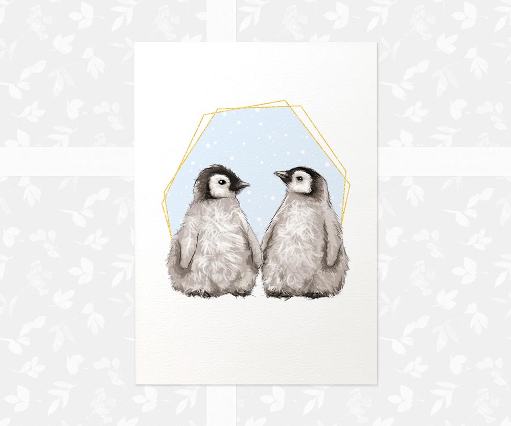 Twin Nursery Prints New Baby Shower Gift Boy Blue Penguin Childrens Wall Art Set Playroom Decor