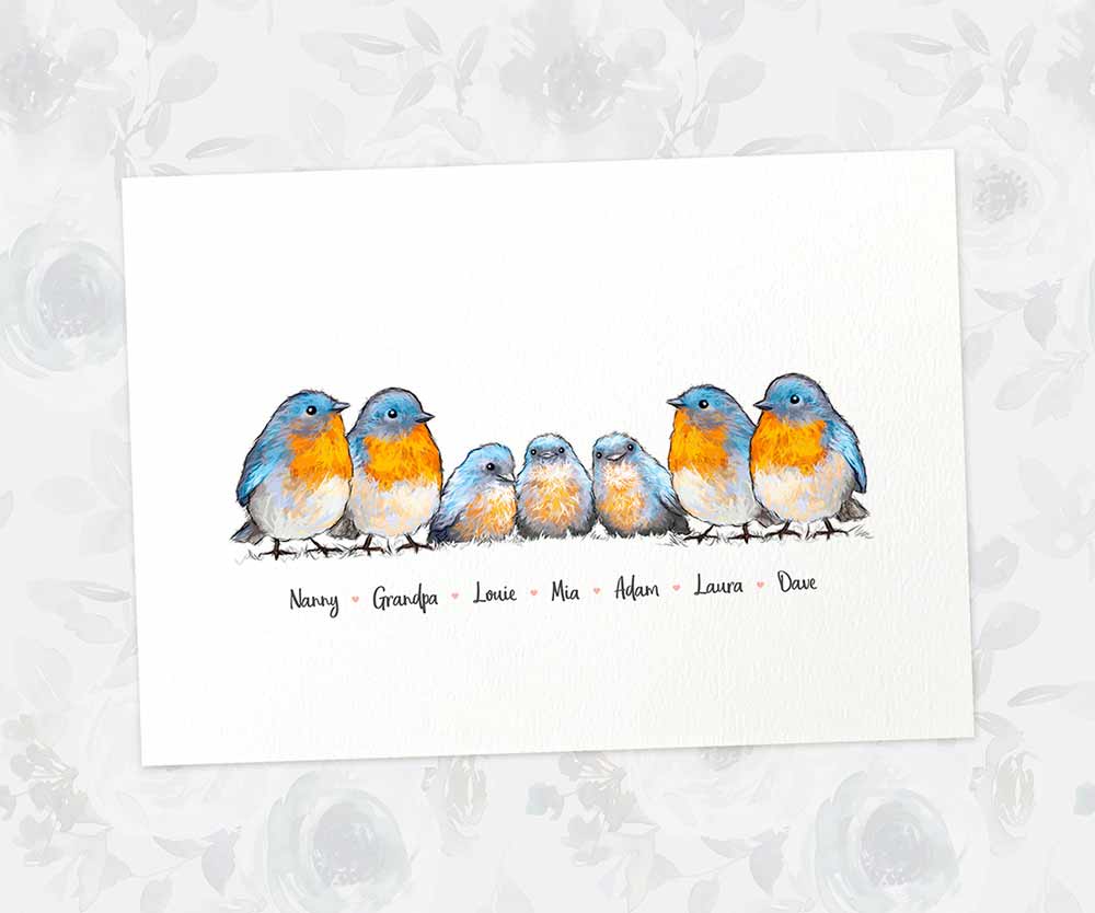 Bluebird family portrait featuring grandma and grandad with grandchildren and personalised names for the best grandparent gift