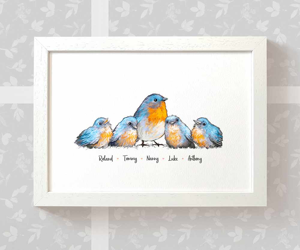 Framed A3 bluebird family print featuring mother and children with names beneath for a unique mothers day gift