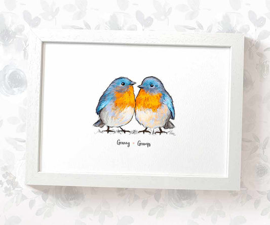 Two bluebirds framed A4 print with personalised names beneath for the best husband or wife gift