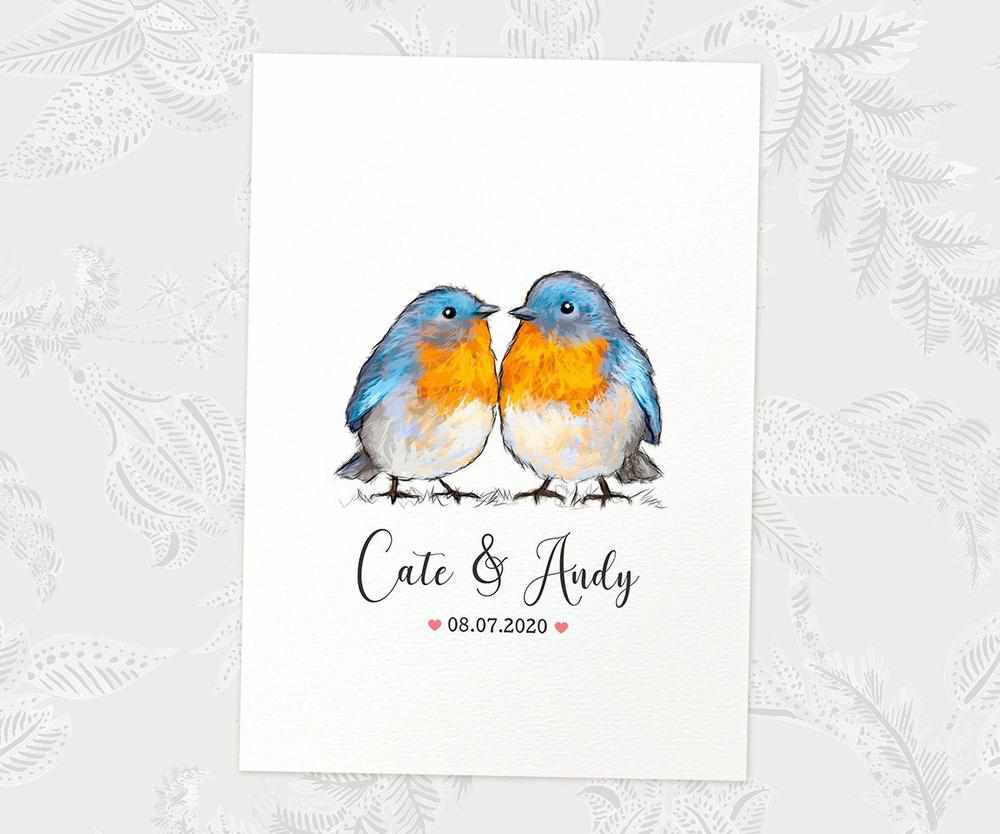 Two Bluebirds A3 Unframed Art Print Personalized With Names And Date For A Heartwarming Valentines Day Gift
