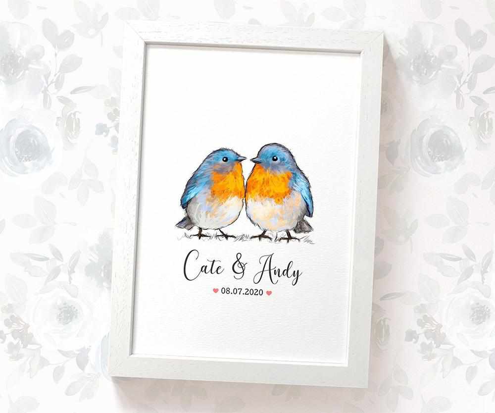 Personalized Bluebird Couple A4 Framed Print Featuring Names and Date For A Special First Anniversary Gift