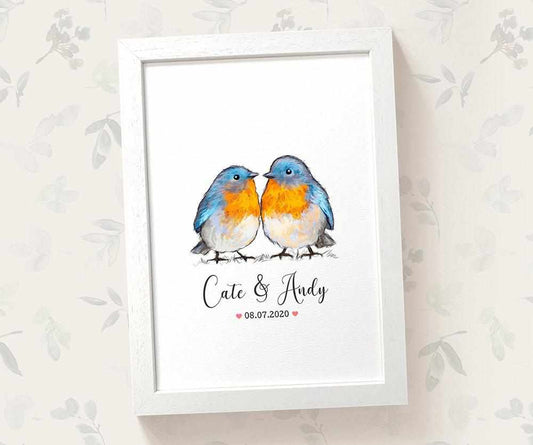 Bluebird Couple A4 Framed Print Personalized With Names And Date For An Exceptional First Anniversary Gift Idea