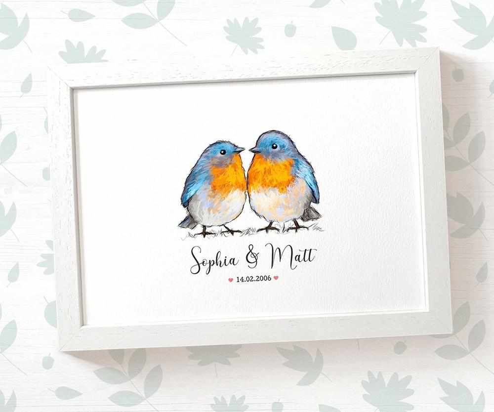 Personalized Bluebird Couple A4 Framed Print Featuring Newlywed Names And Date For A Unique Wedding Gift
