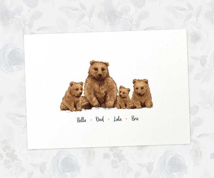 Bear A3 family print featuring dad and 3 children personalised with names for the best fathers day gift