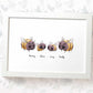 White framed A4 family portrait of 4 bumblebees with personalised names for the perfect birthday gift for mum