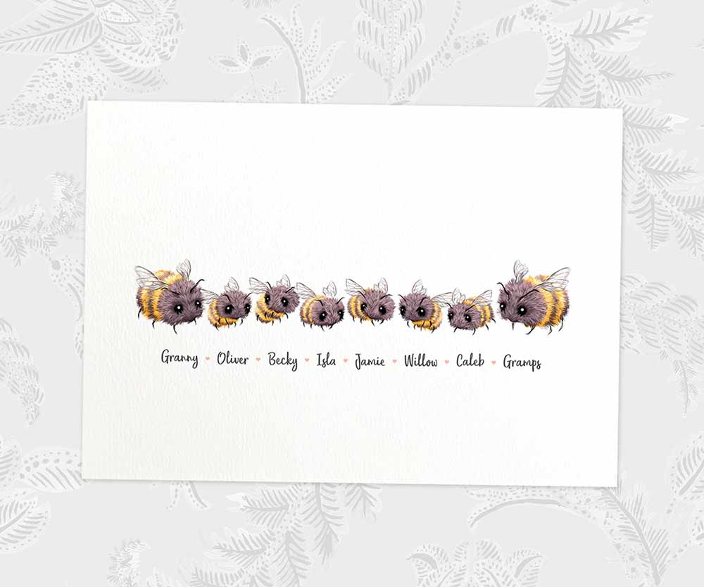 bumblebee family portrait featuring grandma grandad and grandchildren with personalised names for the best grandparents gift