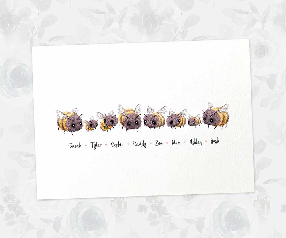 Printed A4 illustration of a bumblebee family of 8 personalised with names for a special mothers day present