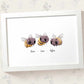 Three baby bumblebees framed A3 family print with names for a unique baby shower gift