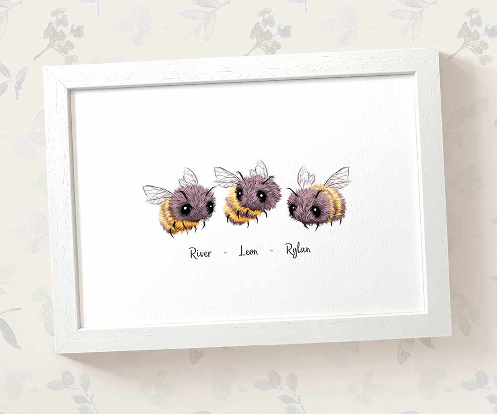Three baby bumblebees framed A3 family print with names for a unique baby shower gift