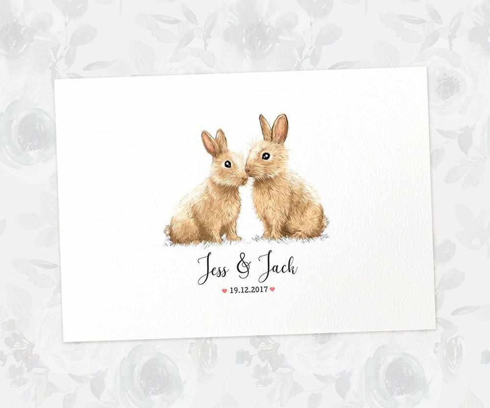 Two Bunny Rabbits A4 Unframed Print Customized With Names And Date For A Thoughtful Valentines Day Gift