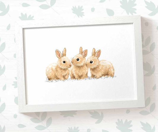 Rabbits Woodland Animal Nursery Print for Triplets