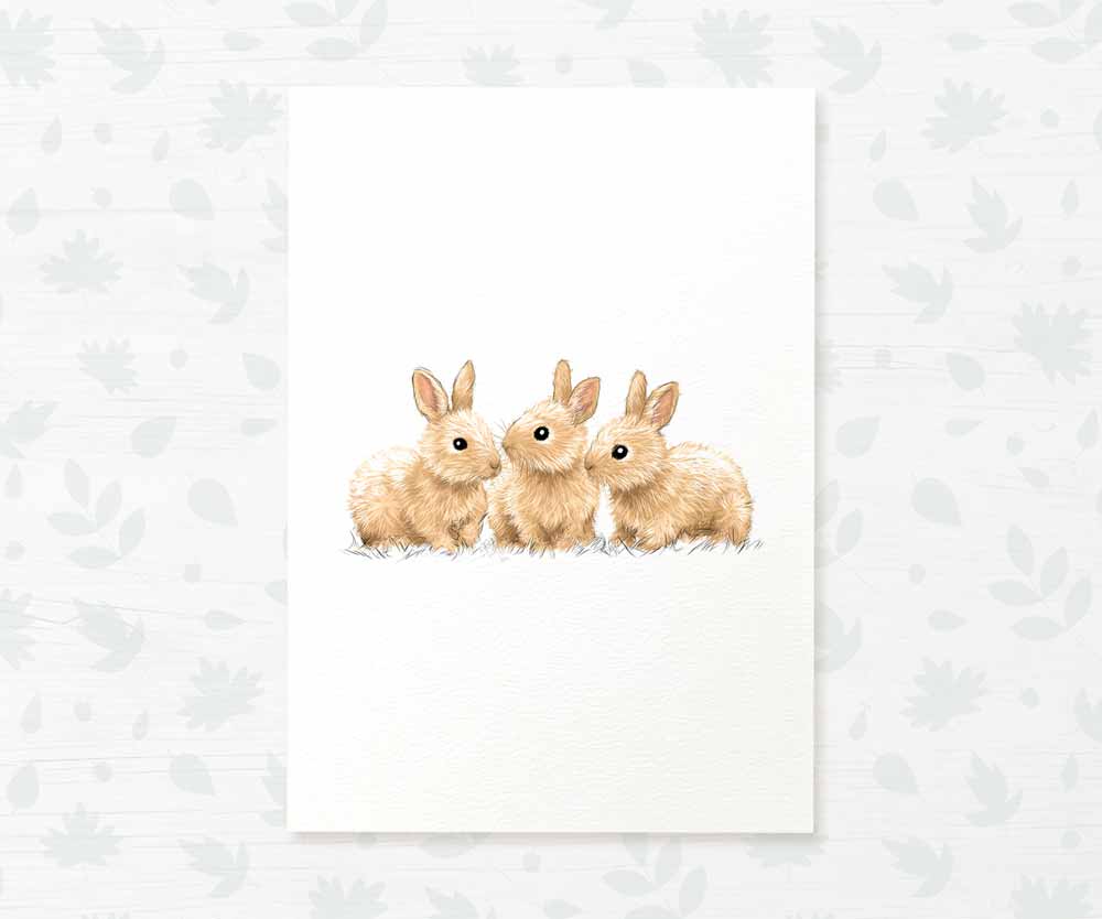 Triplet Bunnies Woodland Nursery Art Print | Rabbit Children's Wall Art