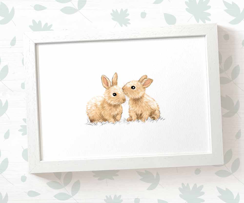 Twin Bunnies Woodland Nursery Art Print | Rabbit Children's Wall Art