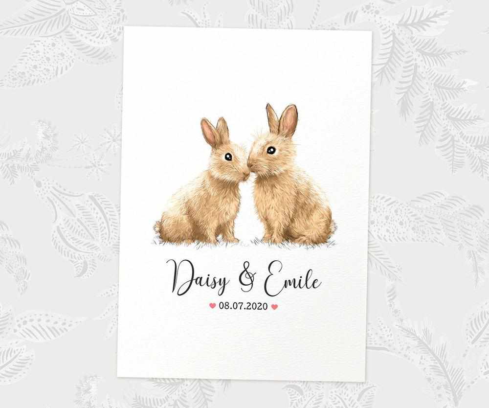 Two Bunny Rabbits A3 Unframed Art Print Personalized With Names And Date For A Heartwarming Valentines Day Gift