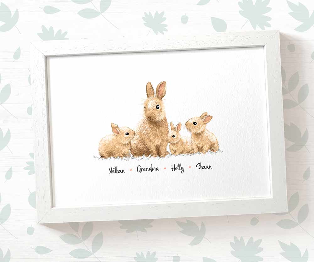 Bunny rabbit A3 framed family print featuring grandma and grandchildren personalised with names for the best grandparent gift