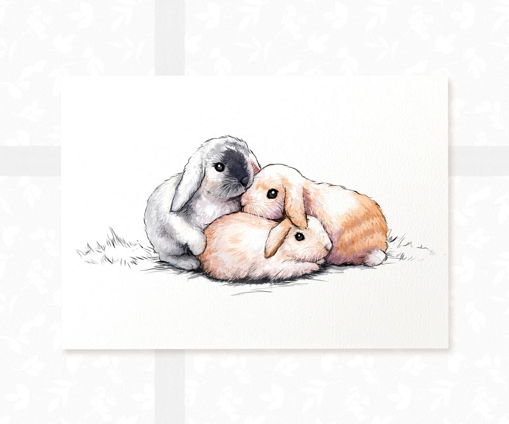 Bunny Rabbit Family of Three Art Print | Three Bunnies Animal Wall Art