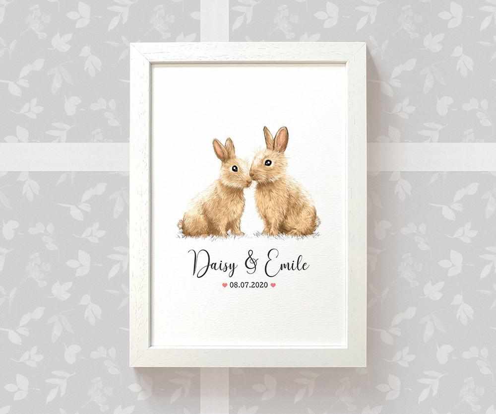 Personalized Bunny Rabbit Couple A4 Framed Print Featuring Names and Date For A Special First Anniversary Gift