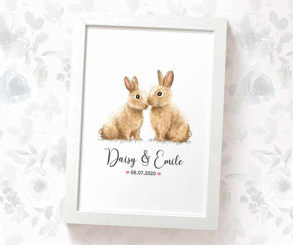 Bunny Rabbit Couple A4 Framed Print Personalized With Names And Date For An Exceptional First Anniversary Gift Idea