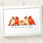 Cardinal family of 6 portrait personalised with names displayed in an A4 white wood frame for a thoughful gift for mum