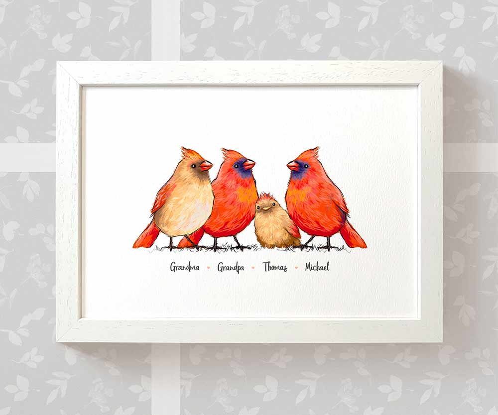 White framed A4 family portrait of 4 cardinals with personalised names for the perfect birthday gift for mum