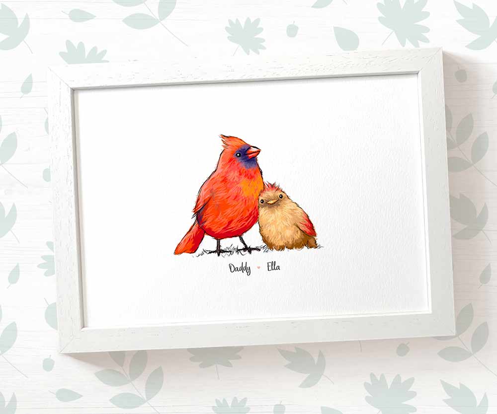 Framed A3 cardinal print featuring dad and baby with names for the best fathers day gift