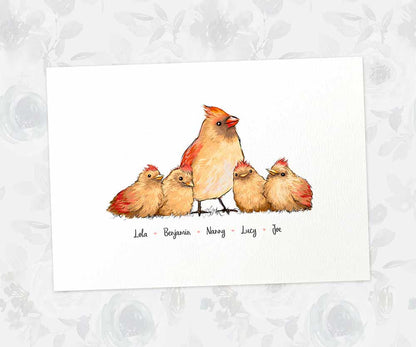Cardinal A3 family print featuring mother and 4 children with names beneath for a unique mothers day gift