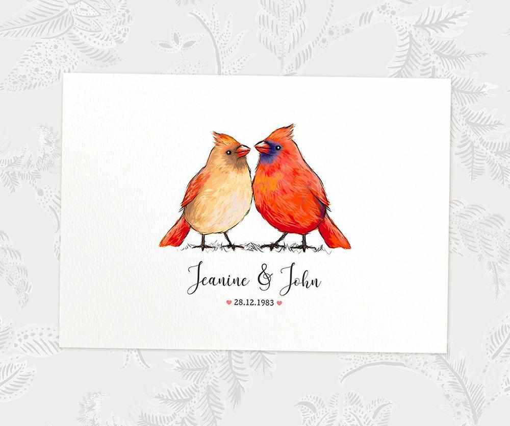 Two Cardinals A4 Unframed Print Customized With Names And Date For A Thoughtful Valentines Day Gift