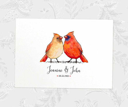 Two Cardinals A4 Unframed Print Customized With Names And Date For A Thoughtful Valentines Day Gift