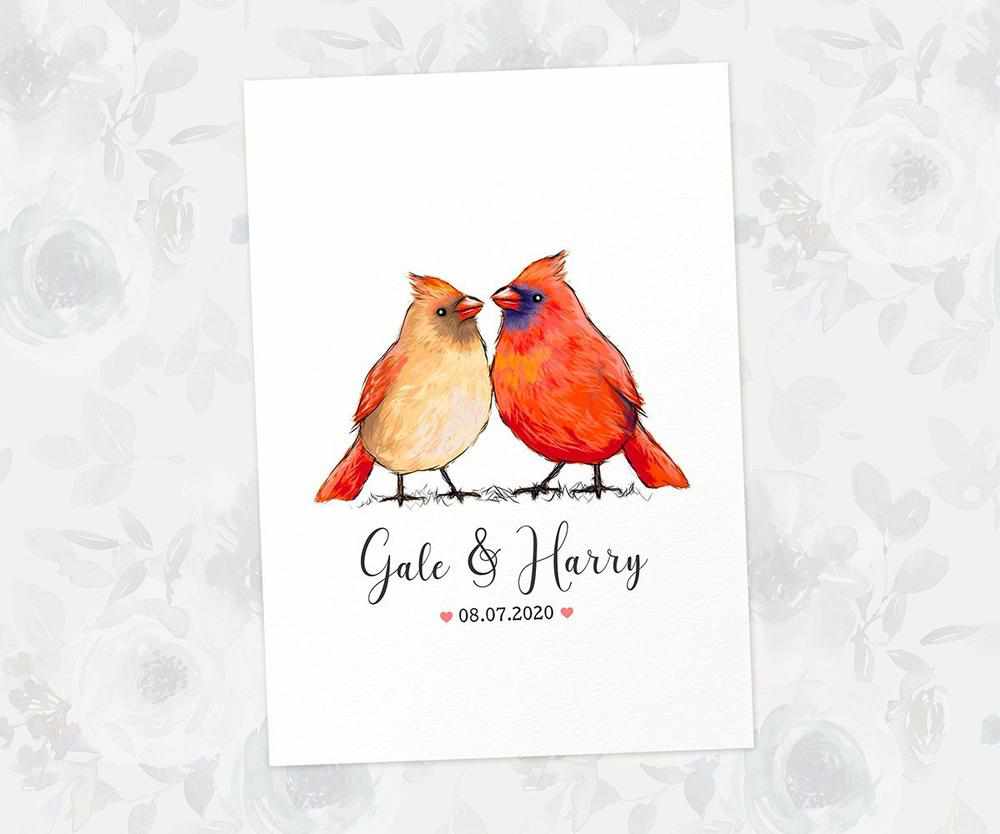Two Cardinals A3 Unframed Art Print Personalized With Names And Date For A Heartwarming Valentines Day Gift