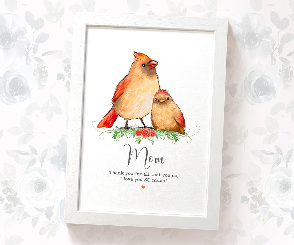 Bird Thank You Personalised Name Gift Prints Cardinal Wall Art Custom Mothers Day Daughter Teacher Present