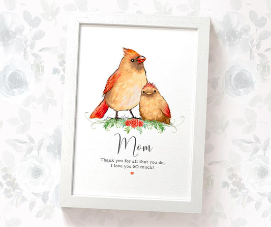 Bird Thank You Personalised Name Gift Prints Cardinal Wall Art Custom Mothers Day Daughter Teacher Present